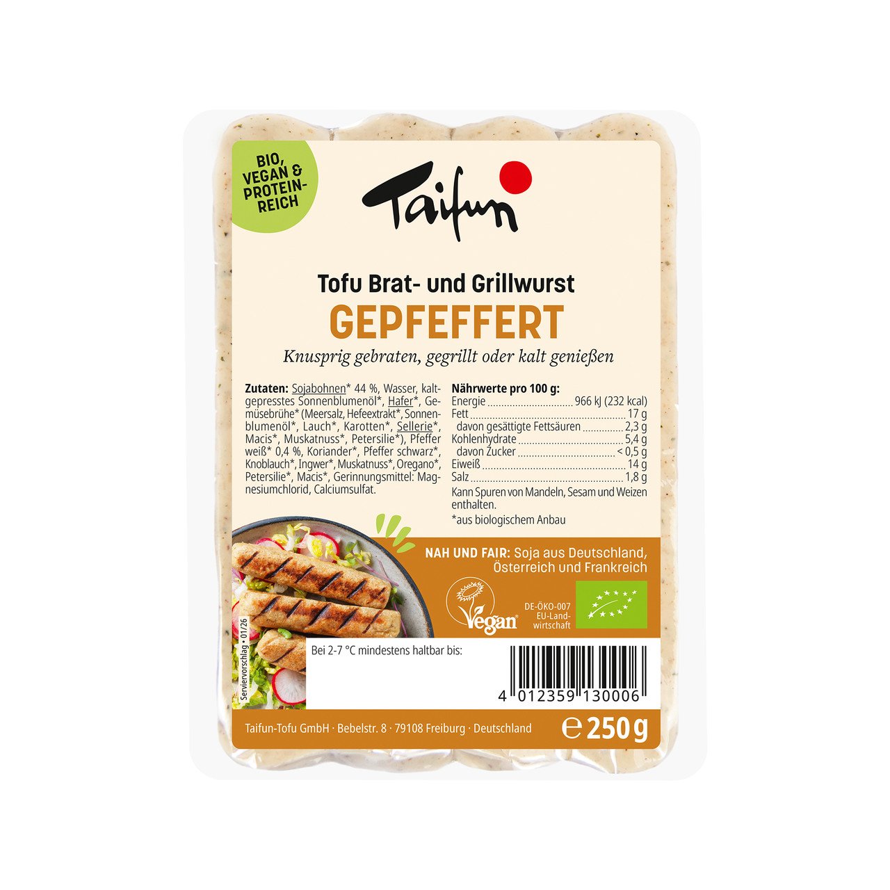 Tofu Brat- und Grillwurst gepfeffert, Taifun, 4x62.5g LIEFERBAR AB MÄRZ 26